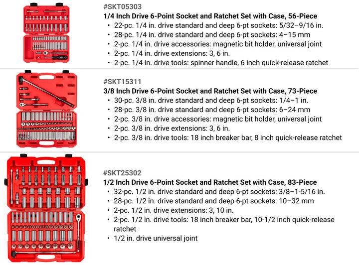 Tekton 1/4, 3/8, 1/2 Inch 6 Point Socket and Ratchet Sets, 212 Pieces, large image number 4