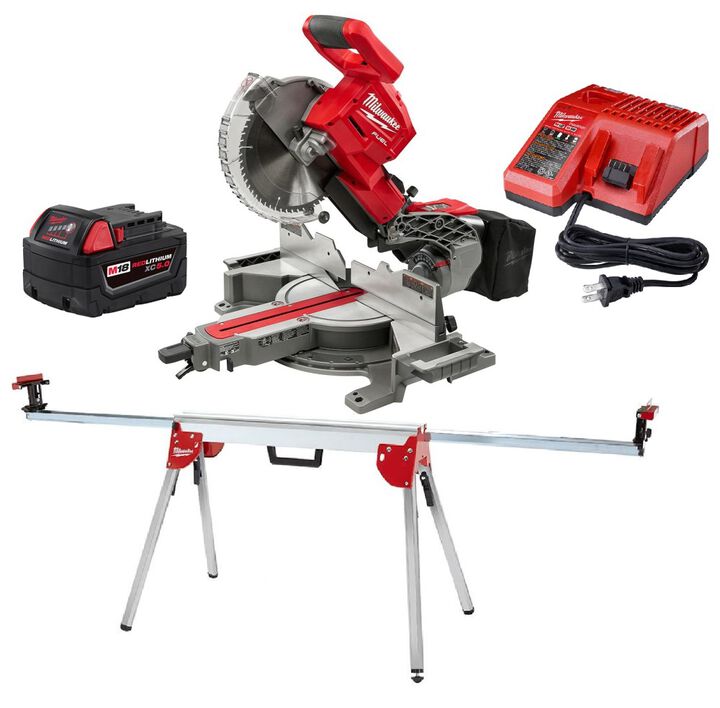 Milwaukee M18 FUEL HIGH DEMAND 10 Inch Dual Bevel Sliding Compound Miter Saw, Folding Miter Saw Stand, 5Ah Battery & Charger
