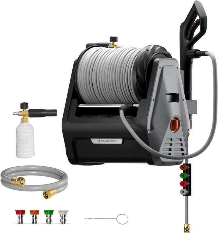 Giraffe Tools GRANDFALLS PLUS+ 2900 PSI 1.1 GPM Electric Cold Water Retractable Pressure Washer with 4 Spray Nozzles