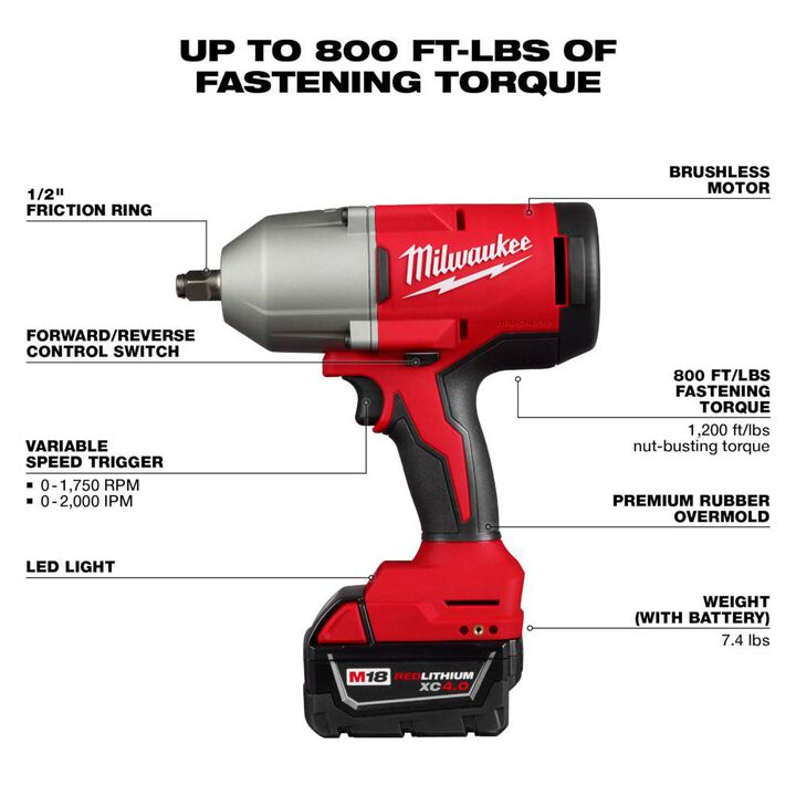 Milwaukee M18 Brushless 1/2 in High Torque Impact Wrench with Friction Ring Kit, large image number 2