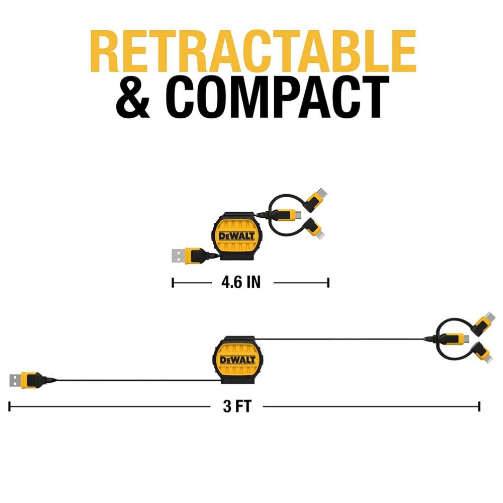 DEWALT USB to Micro to Type C Retractable 3-in-1 Phone Cord Black/Yellow, large image number 4