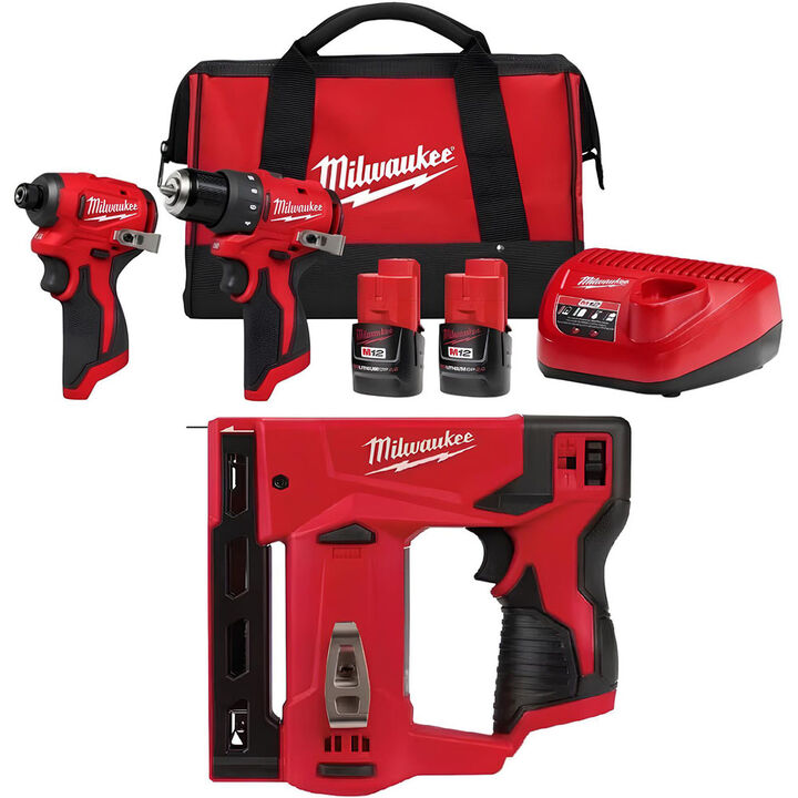 Milwaukee M12 Subcompact 2-Tool Combo Kit and 3/8 Inch Crown Stapler Bundle