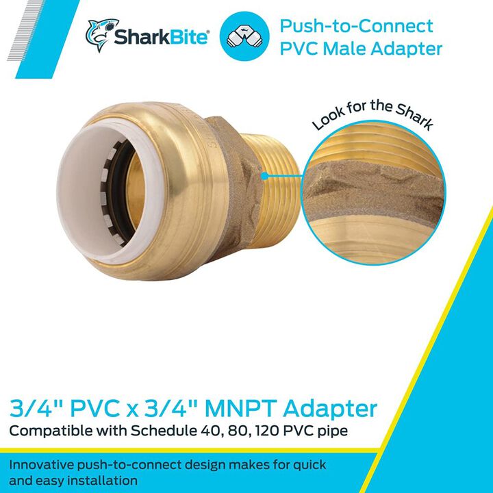 Sharkbite 3/4in PVC x 3/4in MNPT Brass PVC Male Adapter, large image number 3