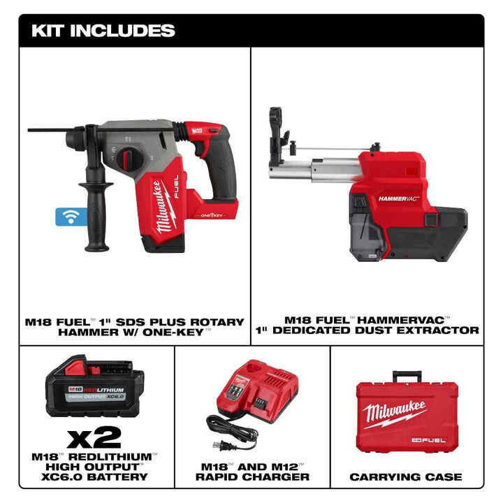 Milwaukee M18 FUEL 1inch SDS Plus Rotary Hammer with ONE-KEY Dust Extractor Kit, large image number 1