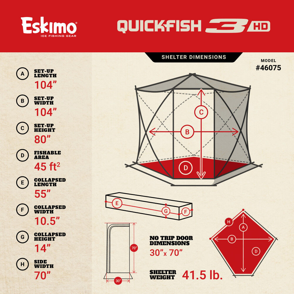 Eskimo QuickFish 3HD, Pop-Up Portable Shelter, No-Trip Door, Red/Black, Three Person, large image number 9