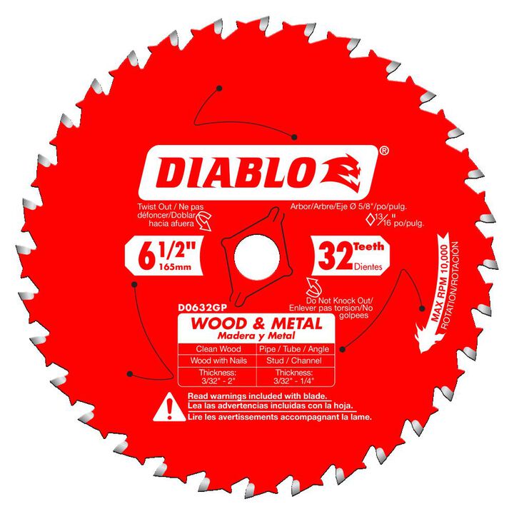 Diablo Tools 6-1/2 inch x 32 Tooth C-ATB Wood & Metal Cutting Circular Saw Blade with 5/8 inch Diamond Arbor