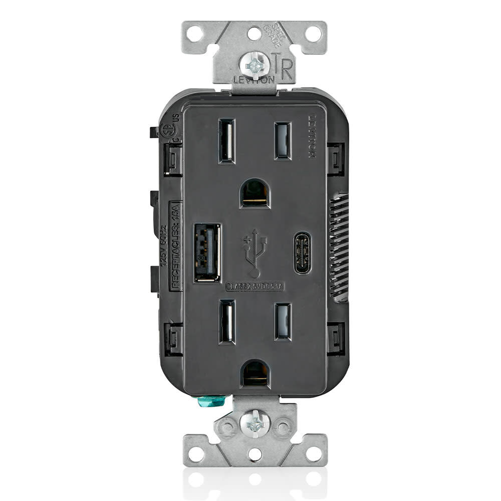Leviton 15A 125V 5-15R Black Outlet with USB Type A/C Charger, large image number 1