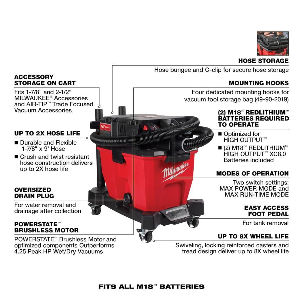 Milwaukee M18 FUEL Vacuum Kit 9 Gallon 36V Wet/Dry, large image number 8