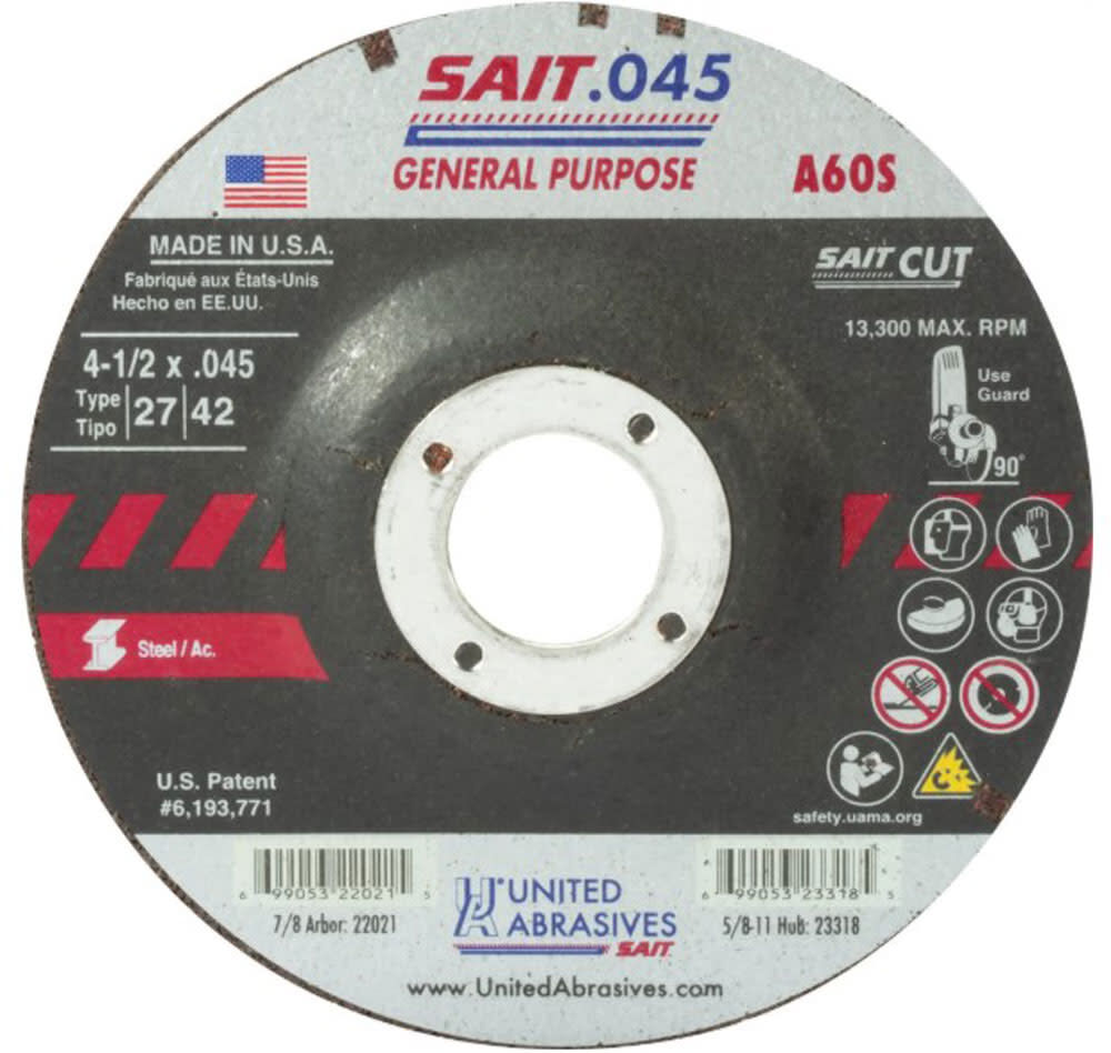 United Abrasives A60S 4 1/2in Cutting Wheel .045 x 7/8in, large image number 1