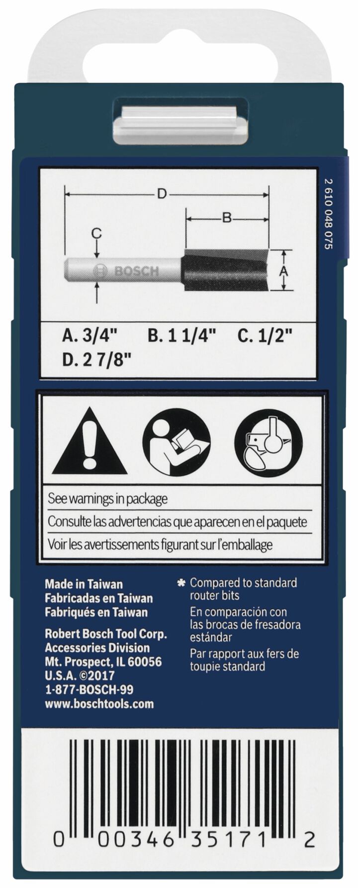 Bosch 3/4 Inch Carbide Tipped Double Flute Straight Router Bit 1/2In Shank, large image number 2