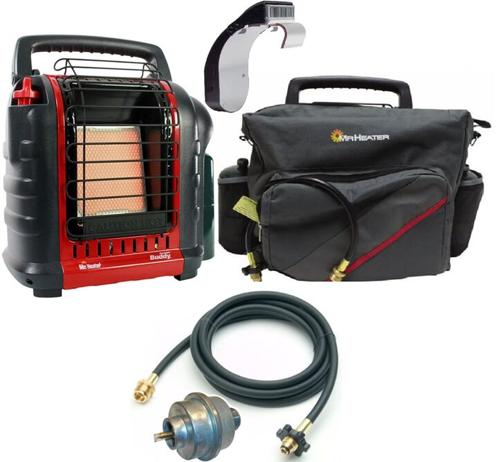 Mr Heater MH9BX Portable Buddy Heater Portable Buddy Power Fan Portable Buddy Accessory Bag 10 Foot Buddy Propane Hose Assembly & Portable Buddy Fuel Filter Bundle