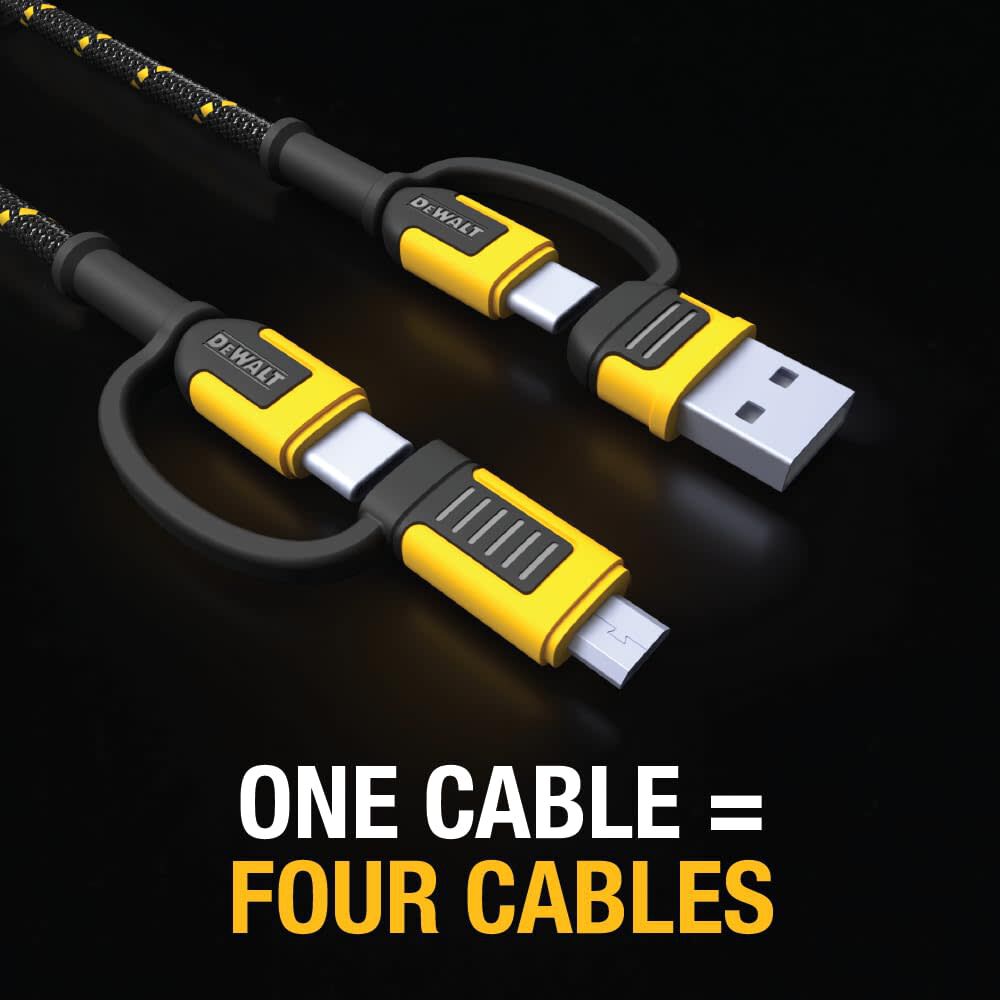 DEWALT 6 Ft. Black/Yellow 4-in-1 Type C/Micro USB/USB Charger Cable, large image number 3