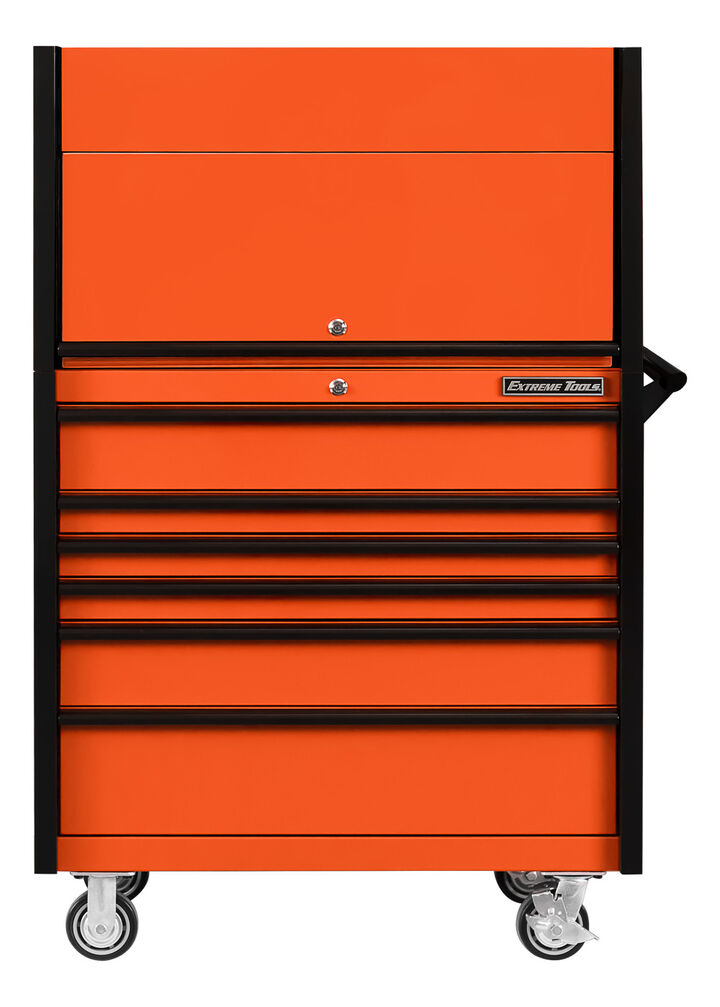 Extreme Tools DX Series 41 Inch W x 25 Inch D Extreme Power Workstation Hutch and 6 Drawer Roller Cabinet Orange with Black Handles and Trim