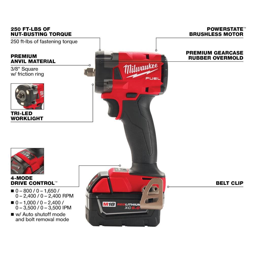 Milwaukee M18 FUEL 3/8inch Compact Impact Wrench with Friction Ring Kit, large image number 4