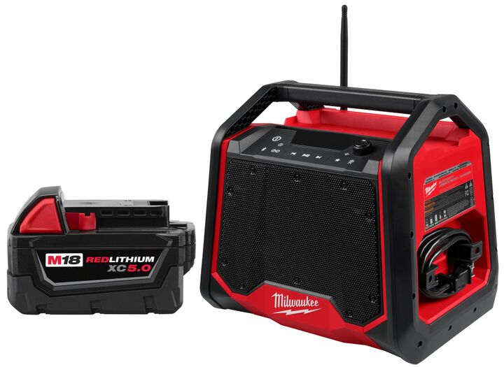 Milwaukee M18 Bluetooth Jobsite Radio + Charger & REDLITHIUM XC 5.0Ah Extended Capacity Battery Pack Bundle