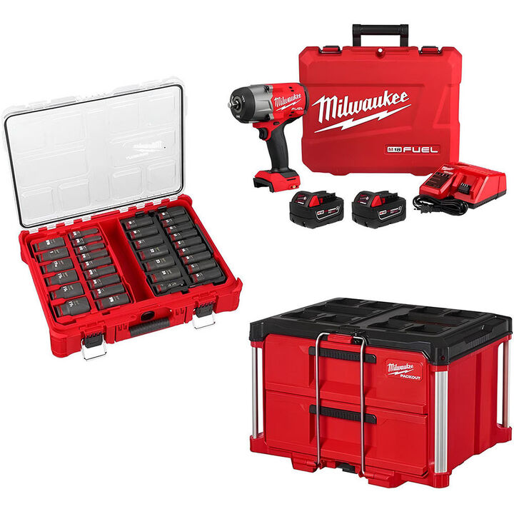 Milwaukee M18 Wrench Kit, 31-Piece Socket Set , 2-Drawer Tool Box Bundle
