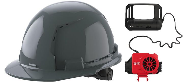 Milwaukee Front Brim Vented Hard Hat with 6pt Ratcheting Suspension Type 1 Class C & BOLT USB Cooling Fan, swatch