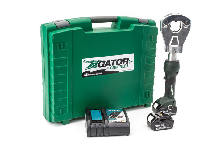 Greenlee 6-Ton Quad Point Crimper Kit, Flip Top, 120V Charger, Two 4 AhBatteries