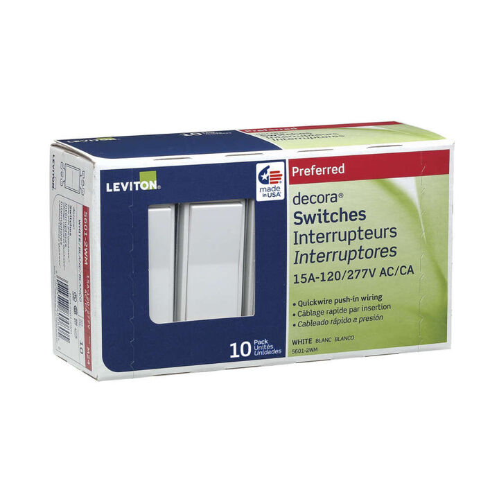 Leviton Decora Rocker Switch 15A 277V White 1 Pole AC Quiet 10pk