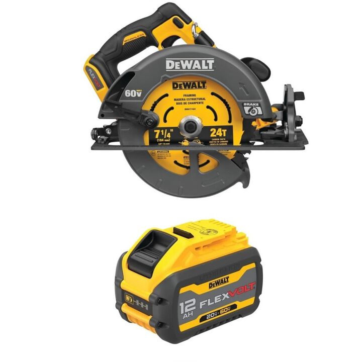 DEWALT 60V MAX 7-1/4 Inch Cordless Saw & 20/60V MAX 12Ah Battery Bundle