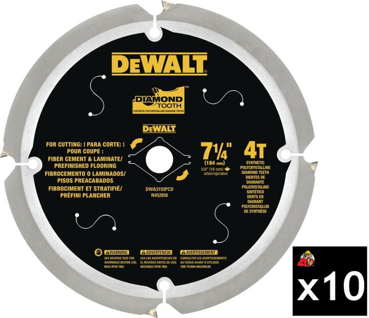 DEWALT 7 1/4 Inch 4T Pack of 10 Fiber Cement PCD Blades