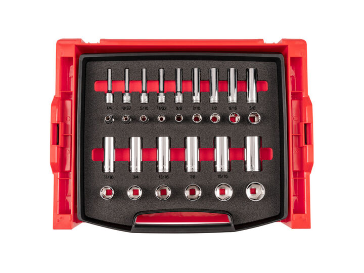 Tekton 3/8 Inch 6 Point Socket Set with Drawer and Rack, 30 Pieces (1/4-1 Inch)