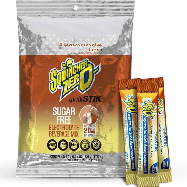 Sqwincher Zero Qwik Stik Electrolytes Replacement Single Serve Hydration Pack 50 Pieces Lemonade Tea