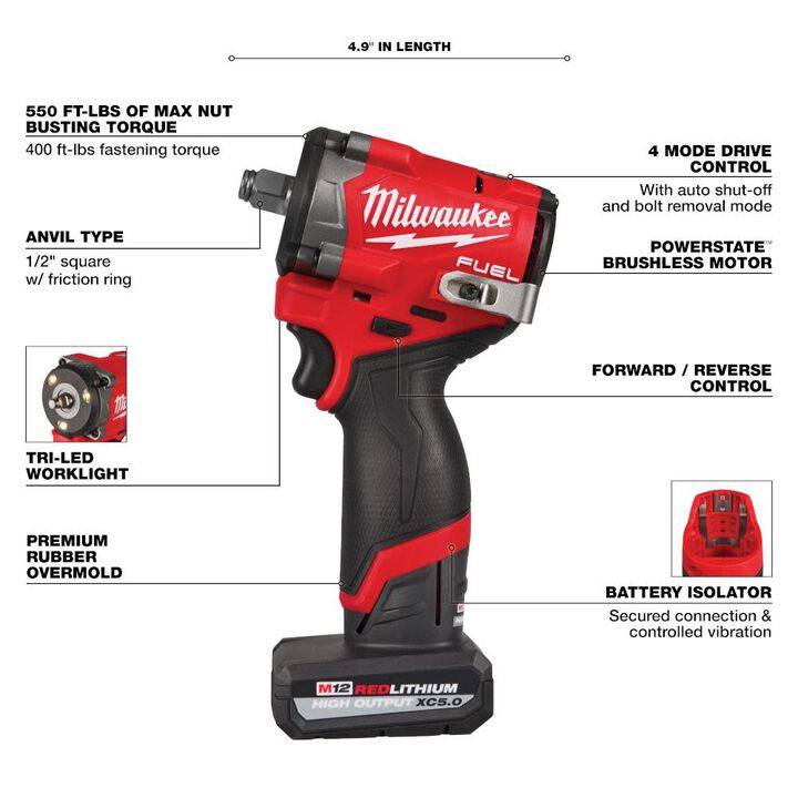 Milwaukee M12 FUEL Stubby 1/2 Inch Impact Wrench Kit, large image number 3