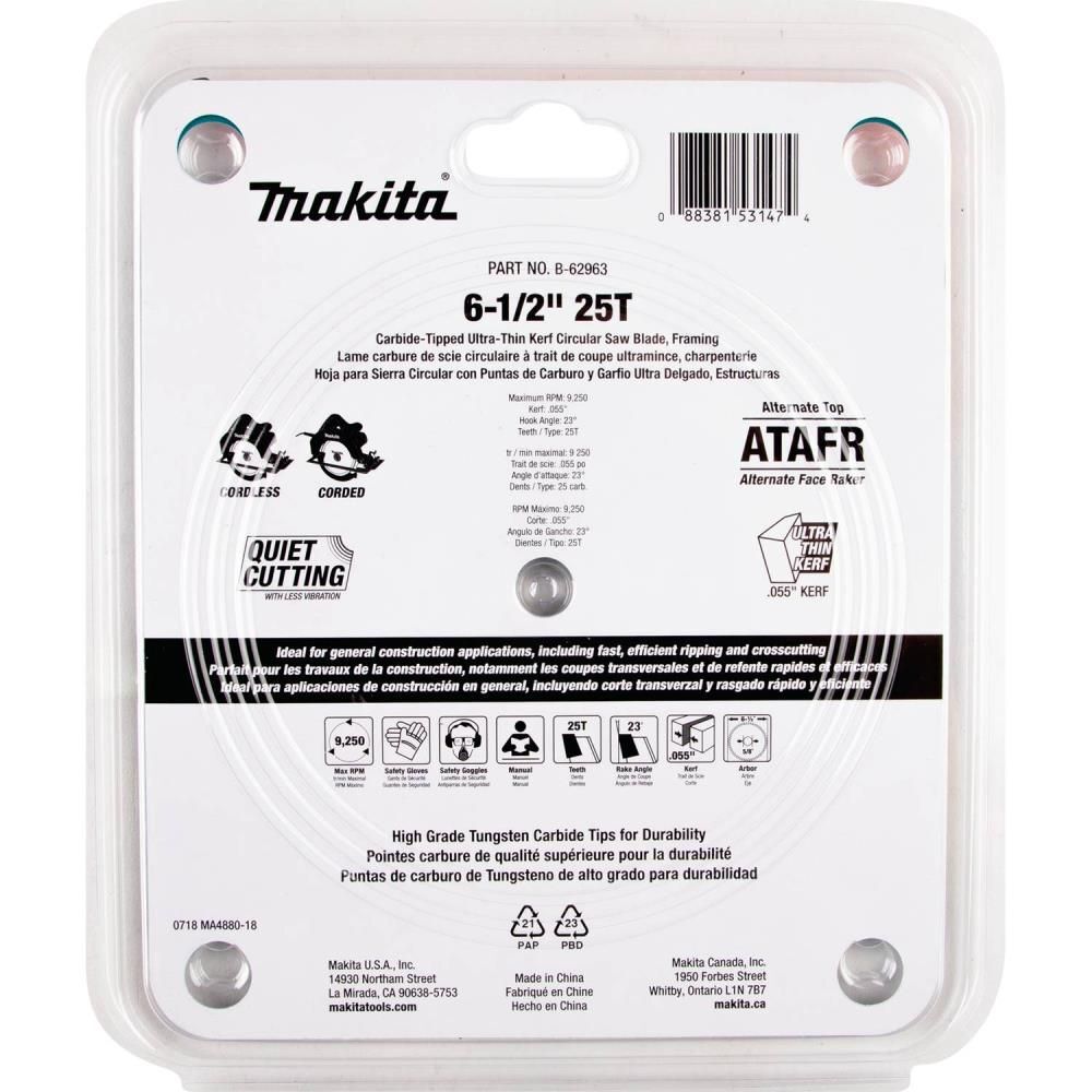 Makita 6-1/2in 25T Carbide-Tipped Max Efficiency Circular Saw Blade Framing, large image number 3