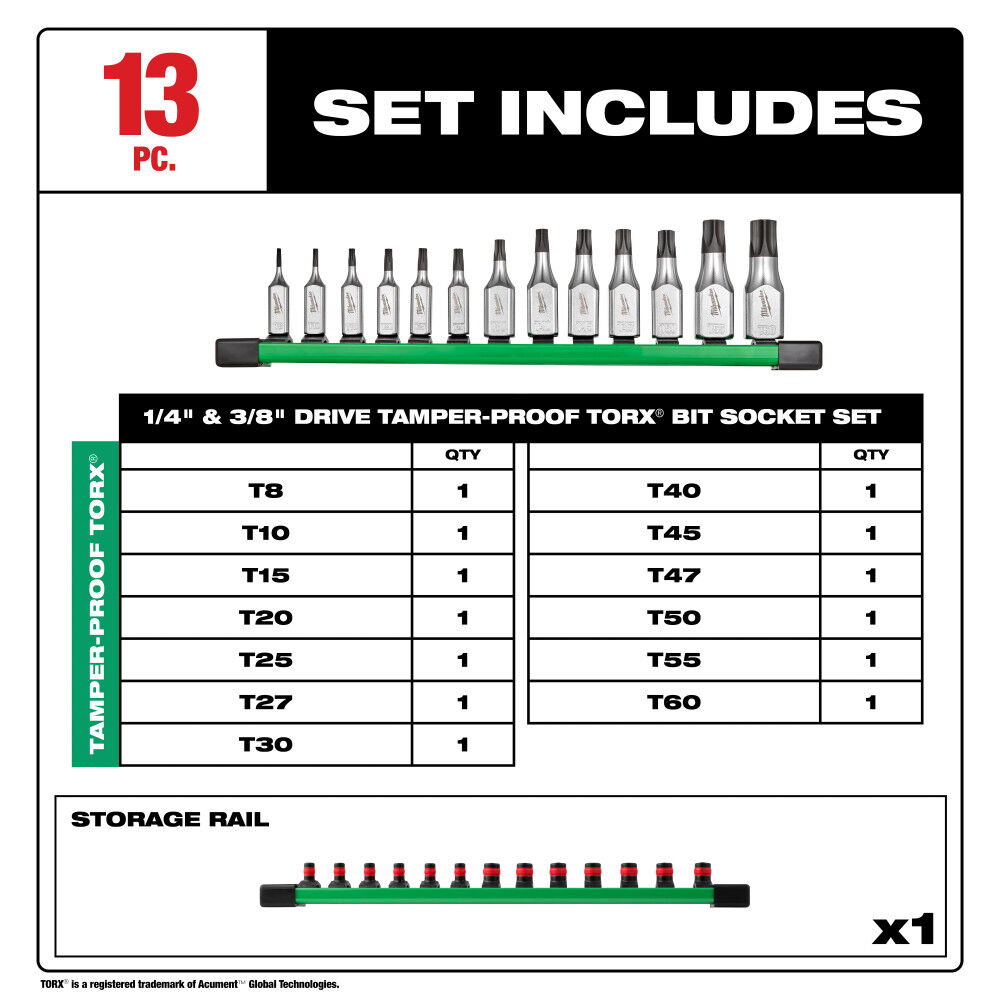 Milwaukee 1/4 Inch and 3/8 Inch Drive Tamper Proof TORX Bit Socket Set 13 Pieces, large image number 2