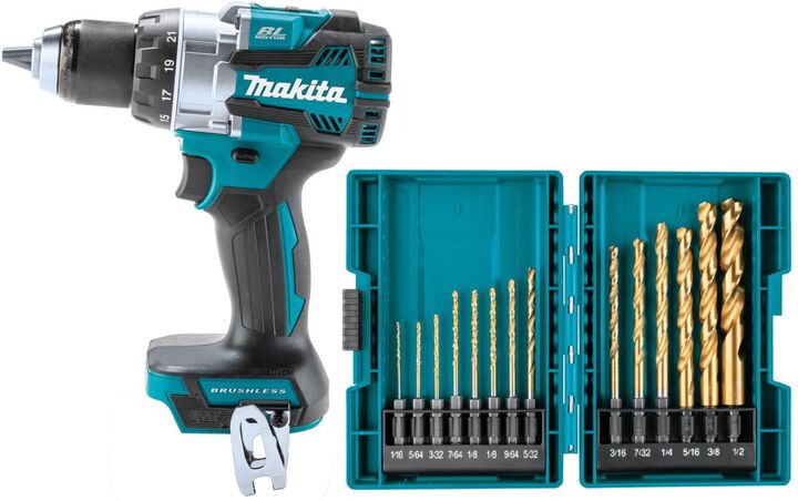 Makita 18V LXT Lithium Ion Brushless Cordless 1/2 Inch Driver Drill (Tool Only) & Impact GOLD 14 Pc. Titanium Drill Bit Set Bundle