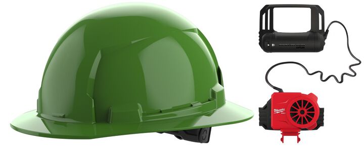 Milwaukee BOLT Green Full Brim Hard Hat with 6pt Ratcheting Suspension Type 1 Class E & USB Cooling Fan Bundle