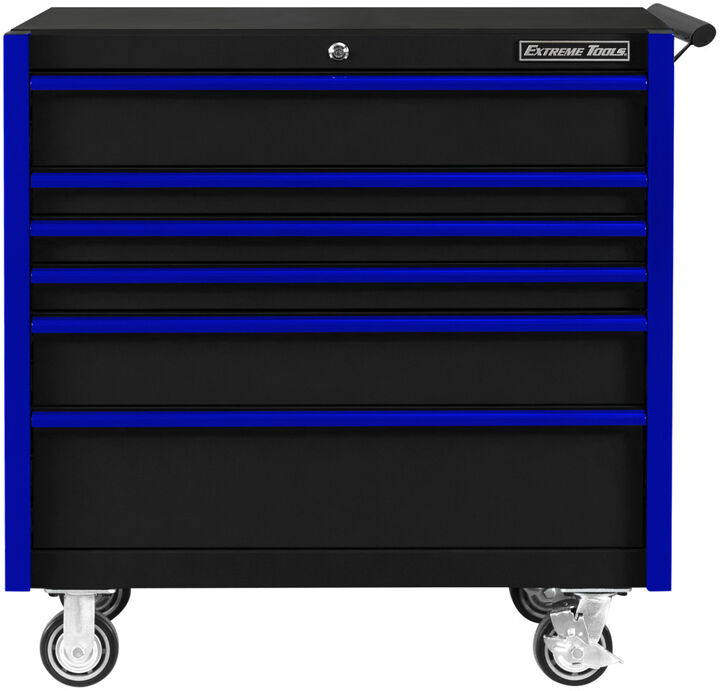 Extreme Tools DX Series 41 Inch W X 25 Inch D 6 Drawer Roller Cabinet 100 lbs Slides Black with Blue Drawer Pulls