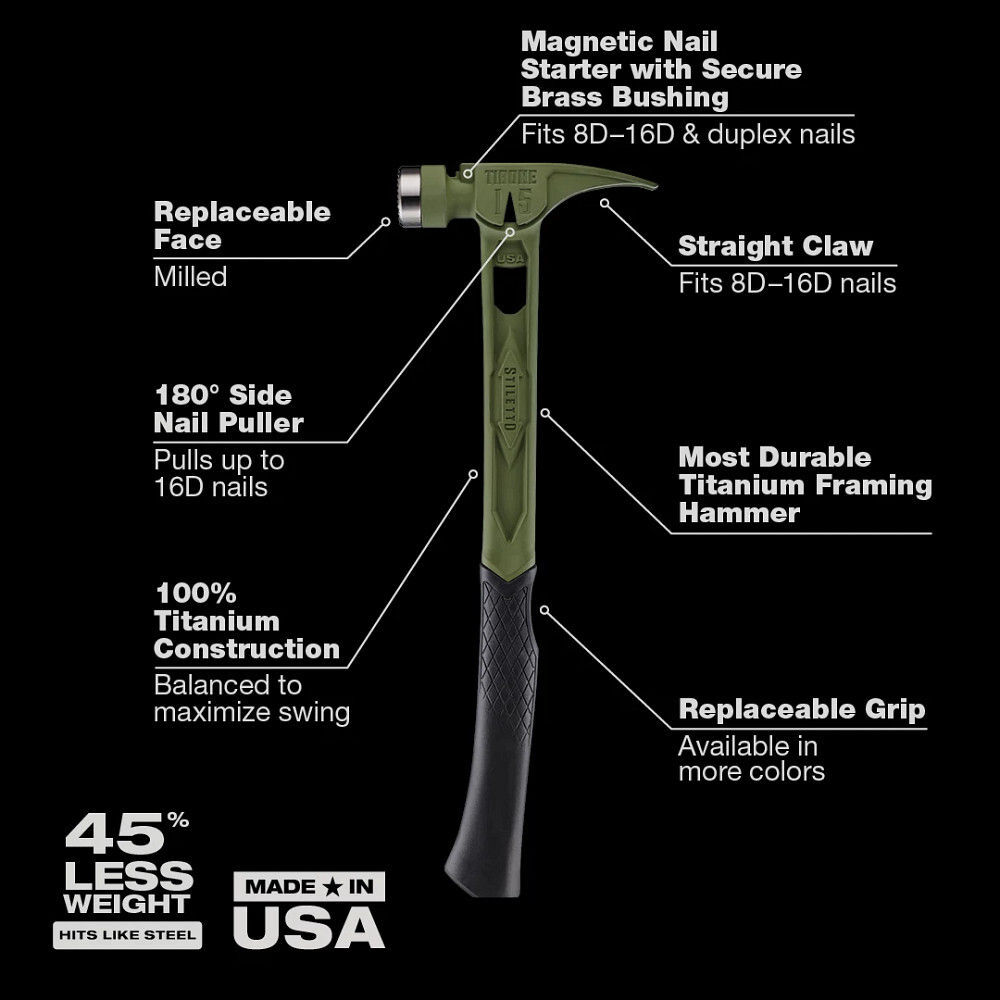 Stiletto TIBONE 15oz Limited Edition Green Titanium Framing Hammer with Red Handle, large image number 3