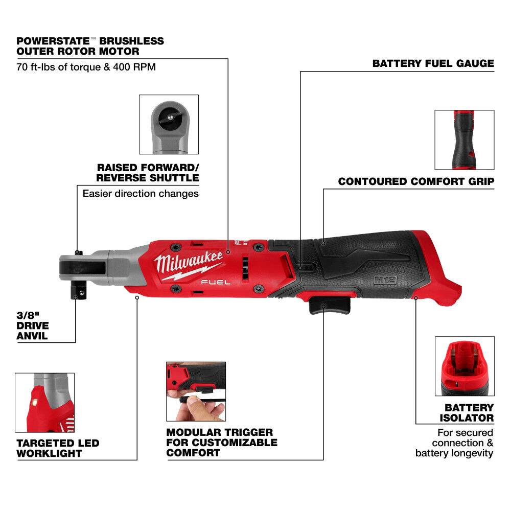 Milwaukee M12 FUEL 3/8 Inch Ratchet, Bare Tool & 2.5Ah Lithium Ion Battery Pack, large image number 6