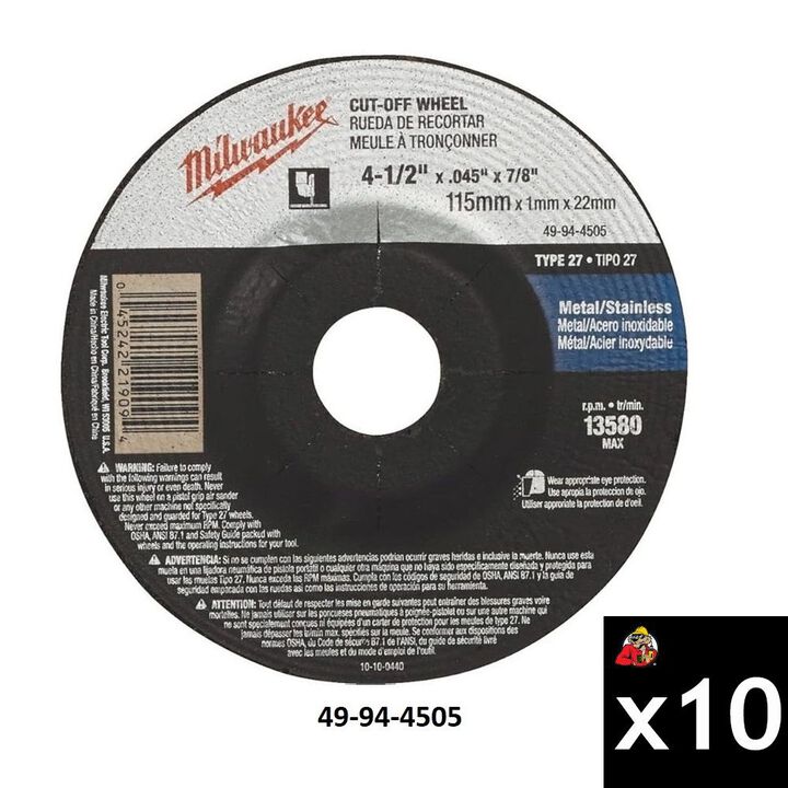 Milwaukee 4-1/2 Inch x 0.045 Inch Type 27 A60T Cut-Off Wheel Bundle, 10 Pieces, large image number 1
