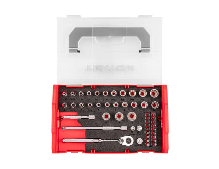 Tekton 1/4 Inch 12 Point Socket, Bit, and Ratchet Set. Stacking Organizer, 49 Pieces