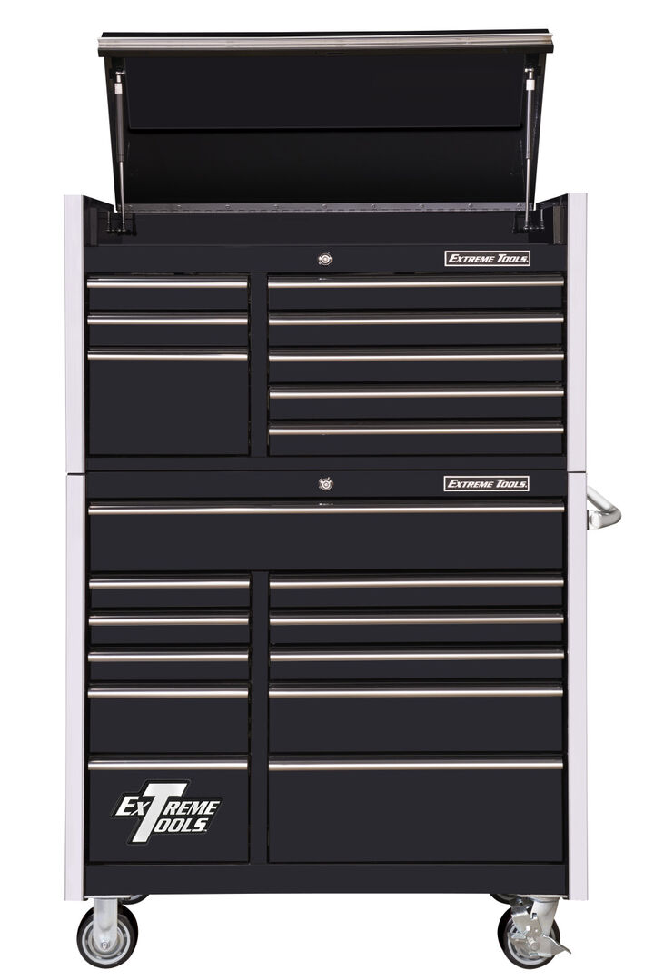 Extreme Tools RX Series 41 Inch W x 25 Inch D 8 Drawer Top Chest and 11 Drawer Roller Cabinet Combo Black with Chrome Drawer Pulls