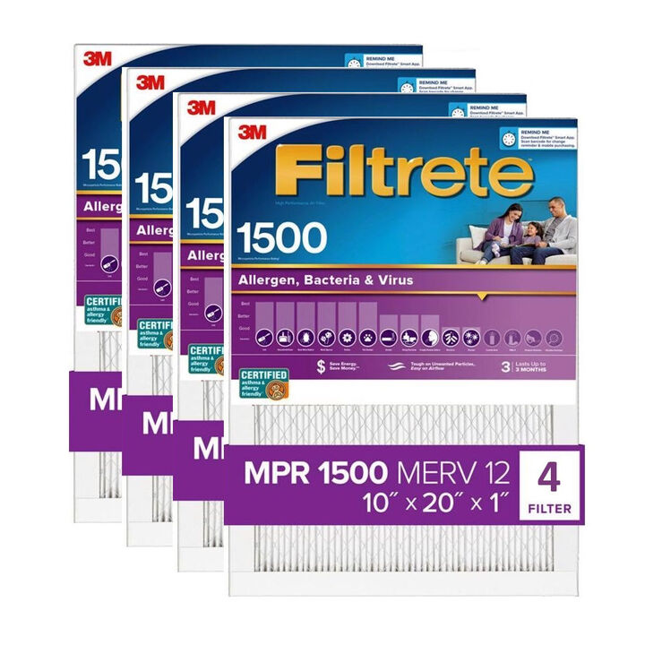 3M Filtrete 10 x 20 x 1-Inch 1500 MPR MERV 12 Allergen Defense Furnace Air Filter, 4-Pack