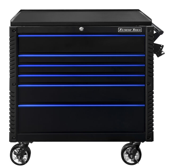 Extreme Tools EX Tool Cart Series 41 Inch W x 26 Inch D 6 Drawer Tool Cart with Bumpers Black with Blue Drawer Pulls