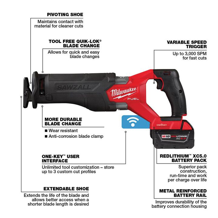 Milwaukee M18 FUEL SAWZALL Reciprocating Saw with ONE-KEY - 2 Battery XC5.0 Kit, large image number 3