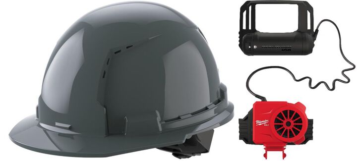 Milwaukee Gray Front Brim Vented Hard Hat with 4pt Ratcheting Suspension Type 1 Class C & BOLT Cooling Fan Bundle