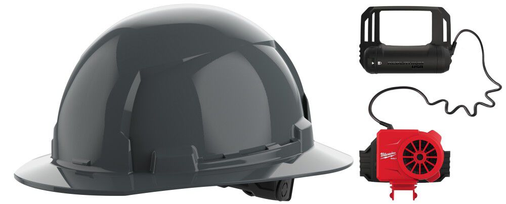 Milwaukee BOLT Gray Full Brim Hard Hat with 6pt Ratcheting Suspension Type 1 Class E & USB Cooling Fan Bundle, large image number 1