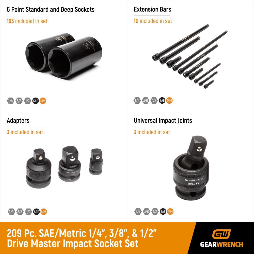 GEARWRENCH Impact Socket Master Set 1/4in 3/8in 1/2in 6 Point SAE & Metric Standard & Deep 209pc, large image number 8