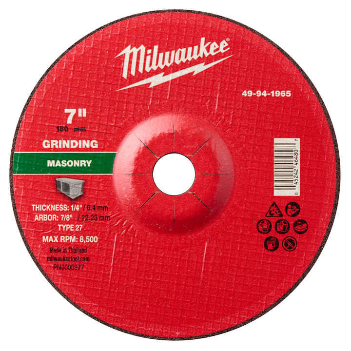 Milwaukee 7 Inch x 1/4 Inch x 7/8 Inch Masonry Grinding  Wheel Type 27