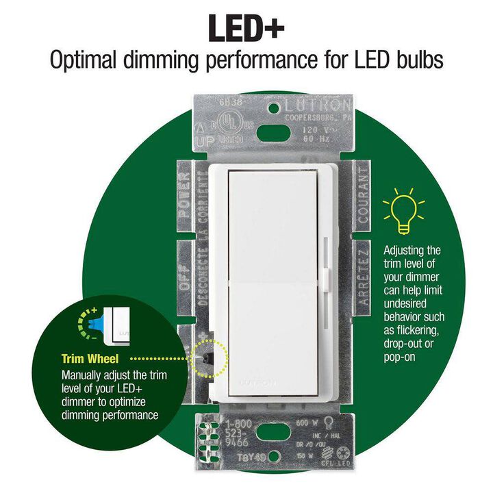 Lutron Diva LED+ 150W 120V 1P 3-Way Paddle Dimmer Switch, large image number 4