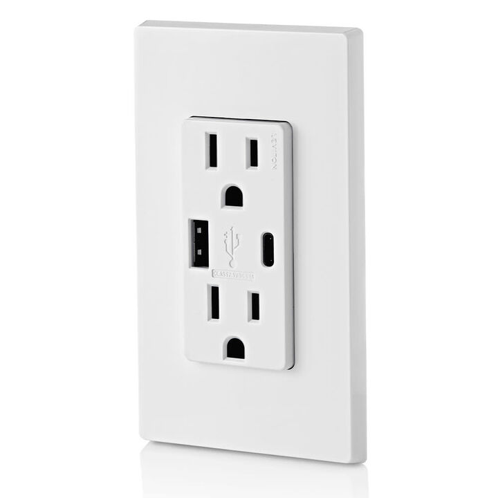 Leviton Outlet with USB Type A/C Charger 15A 125V 5-15R White, large image number 3
