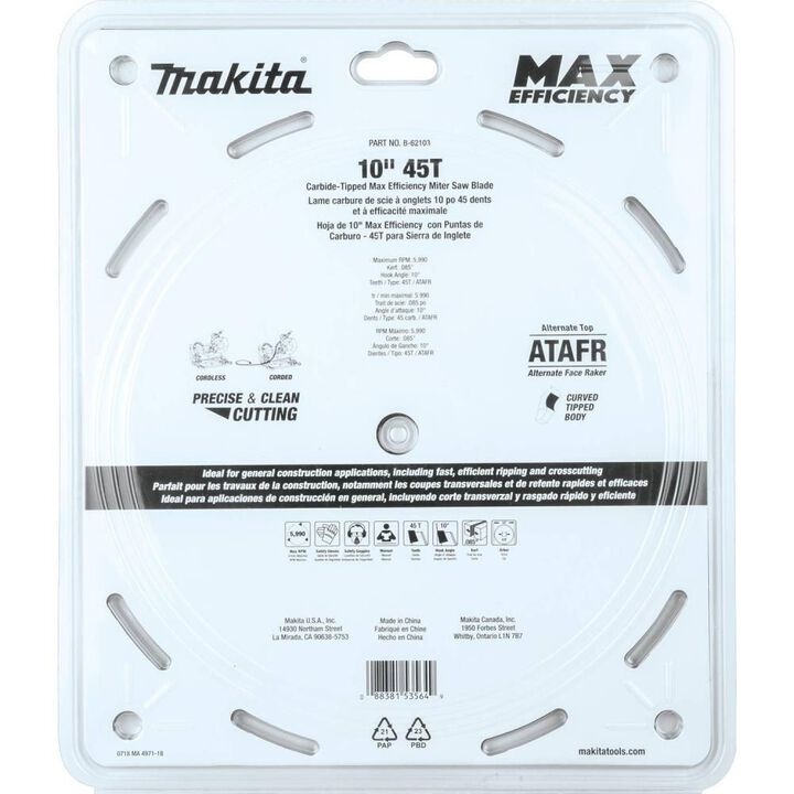 Makita 10in 45T Carbide-Tipped Max Efficiency Miter Saw Blade, large image number 7