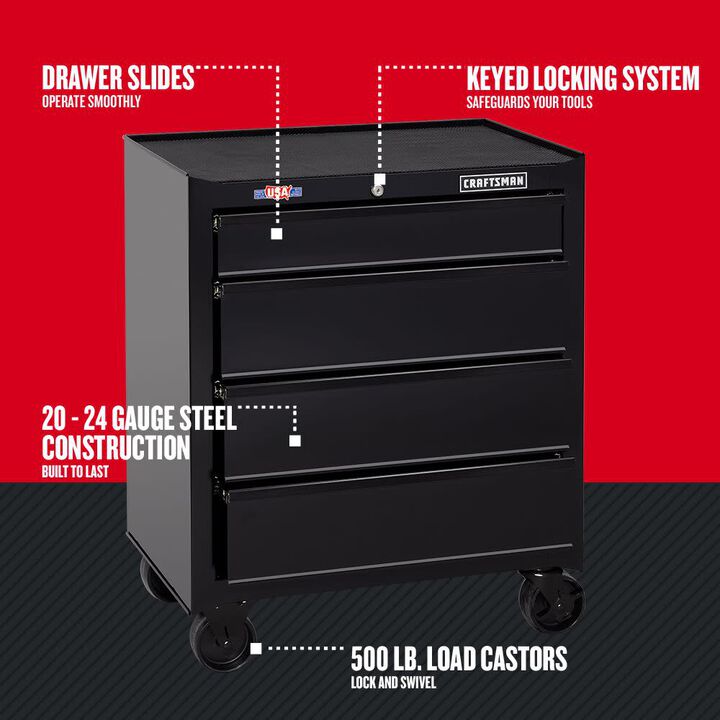 CRAFTSMAN 1000 Series 27 Inch Wide 4 Drawer Rolling Tool Cabinet, Black, large image number 4