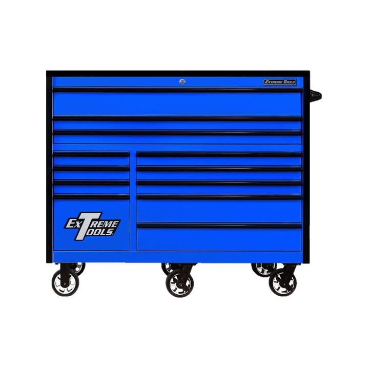 Extreme Tools 55in Blue Roller Cabinet with Black Drawer Pulls